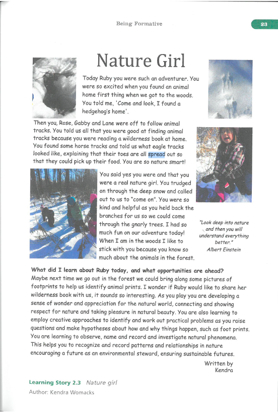 Learning story in practice, story about a nature girl